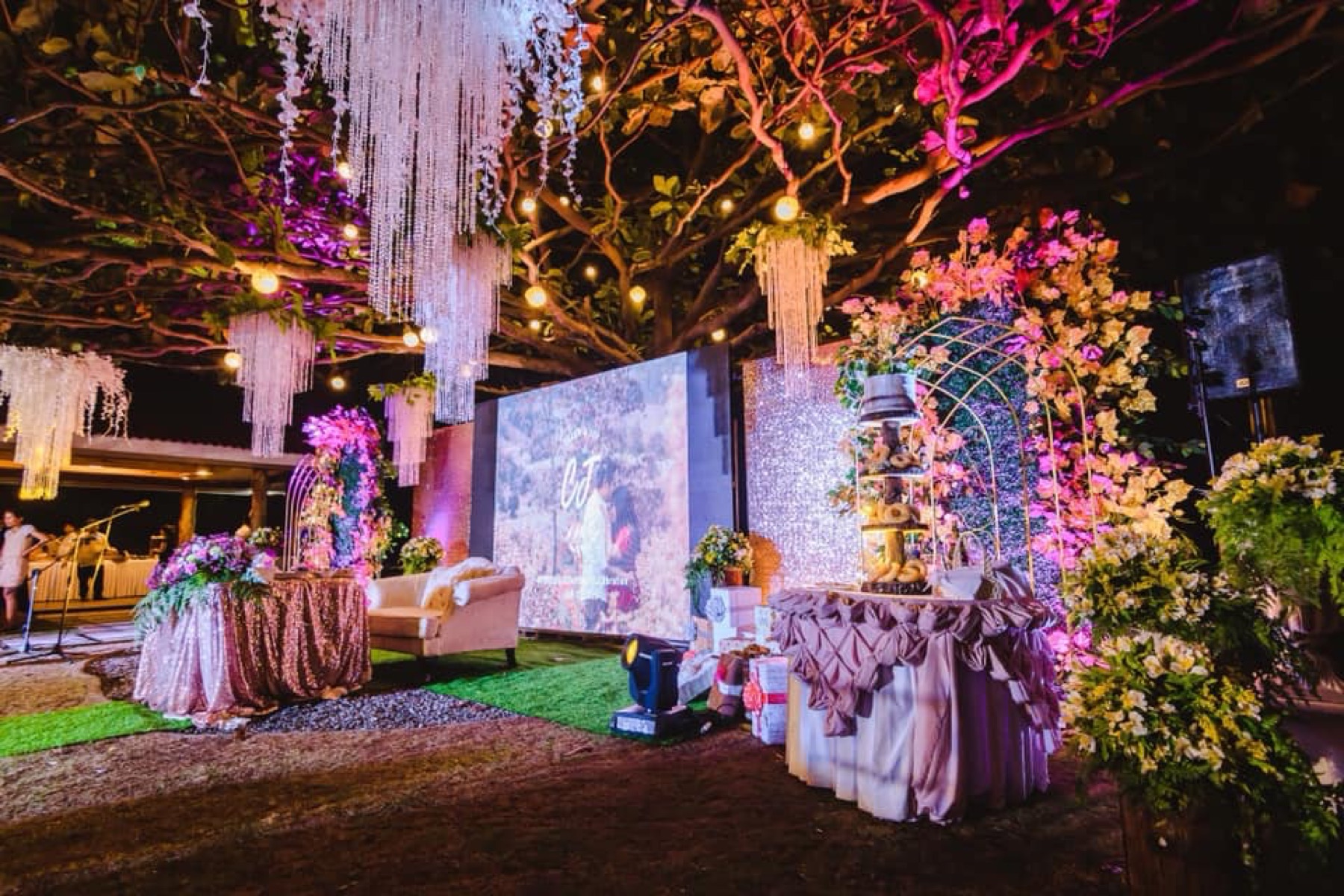Decorated evening reception stage at Praia