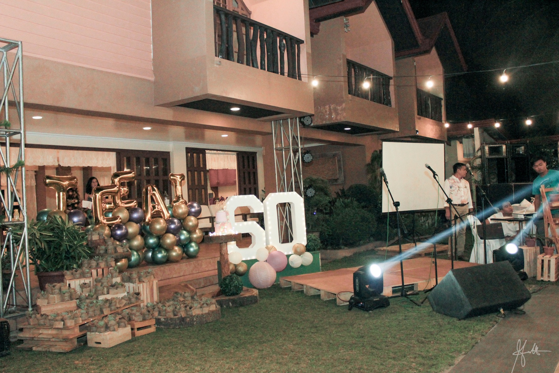Fiftieth birthday stage and sound setup at Praia